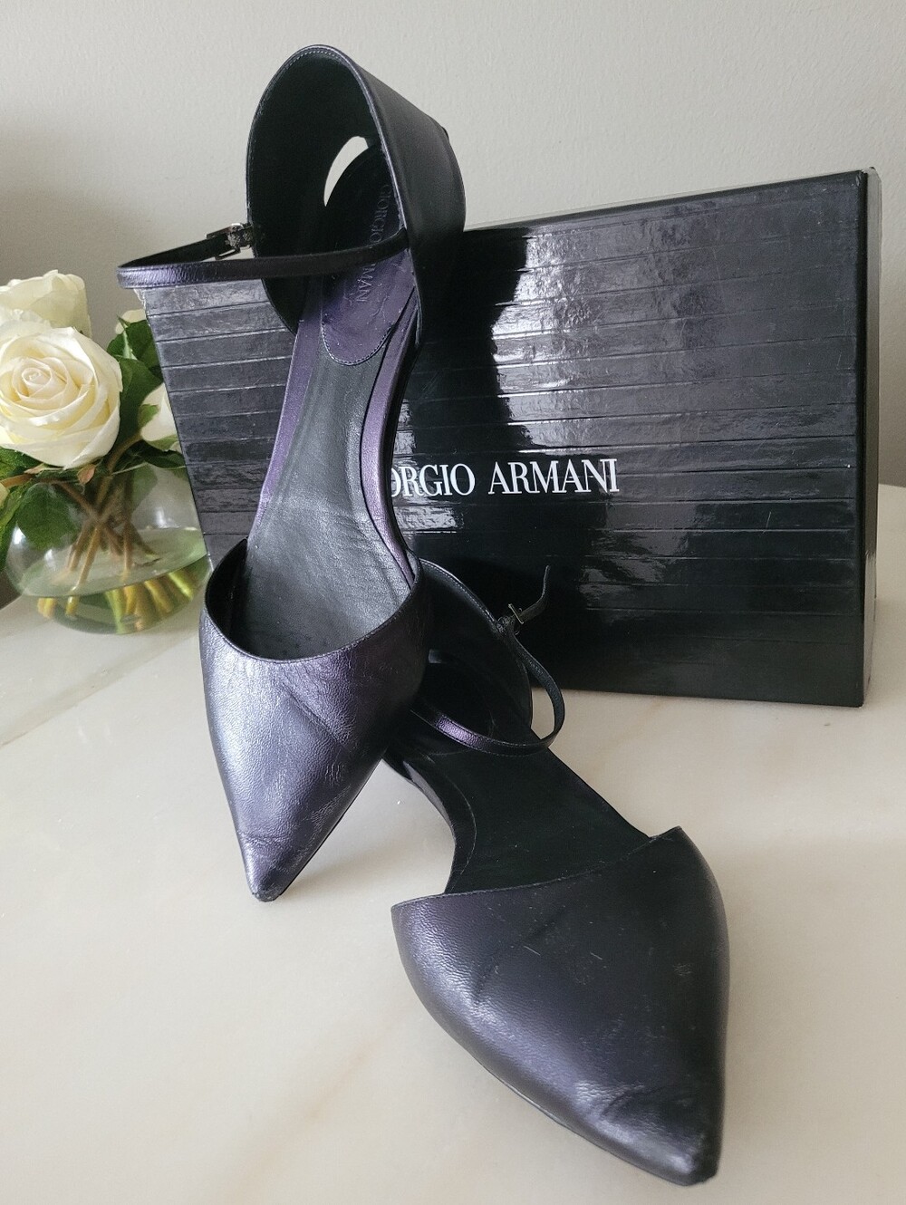 Giorgio Armani Pointed Toe Ankle-Strap Flats Black/Purple Sheen IT 39.5/US 9.5